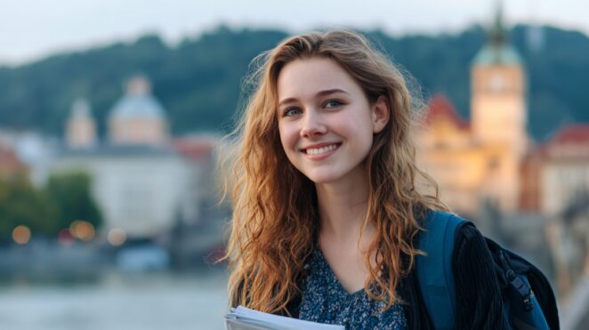 Smiling student with backpack and books standing in a historic city setting
