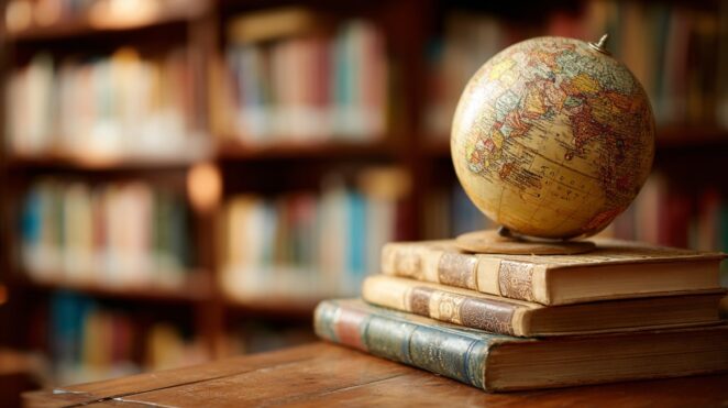 Vintage globe resting on a stack of books in a library