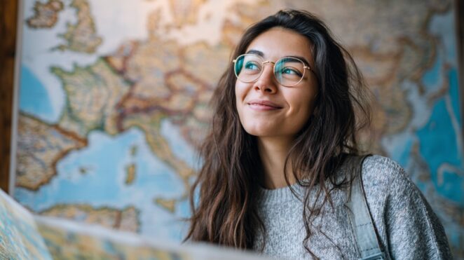 Smiling student with glasses in front of a large world map