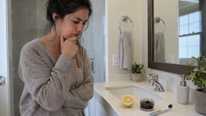 Woman looking at lemon and charcoal as possible teeth whitening remedies.