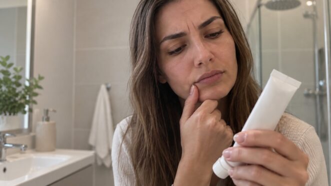 Woman reading a toothpaste tube in her bathroom.