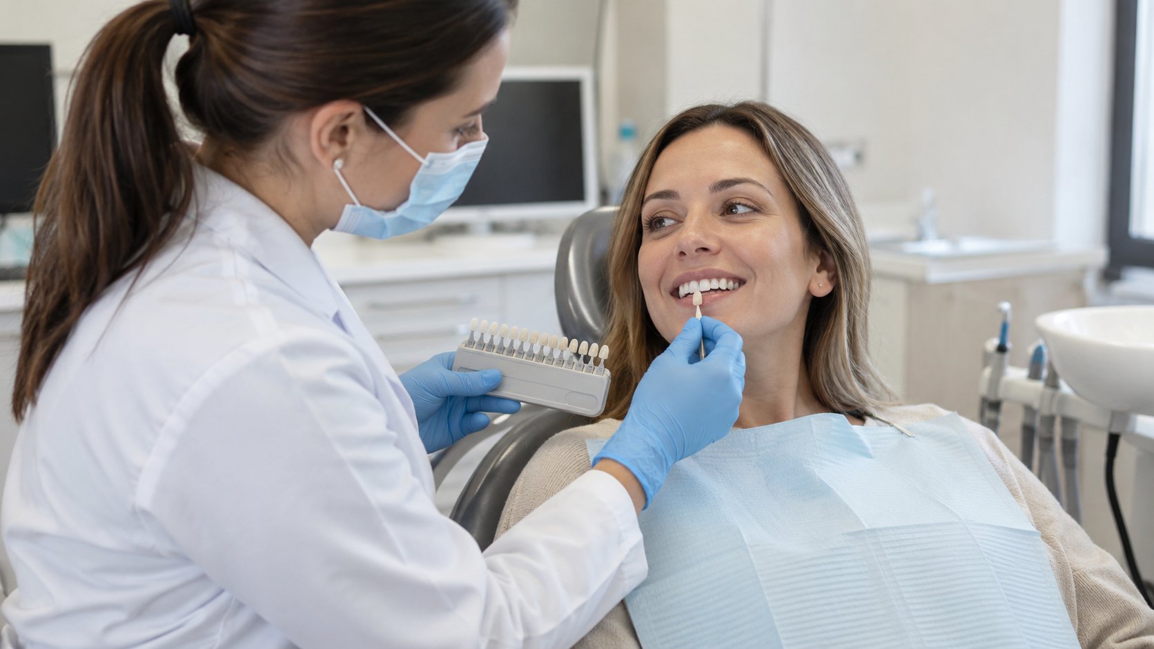 Dentist using a tooth shade guide to examine a patient's teeth before whitening.
