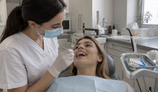Dentist checking a patient's teeth with a dental mirror in a modern clinic.