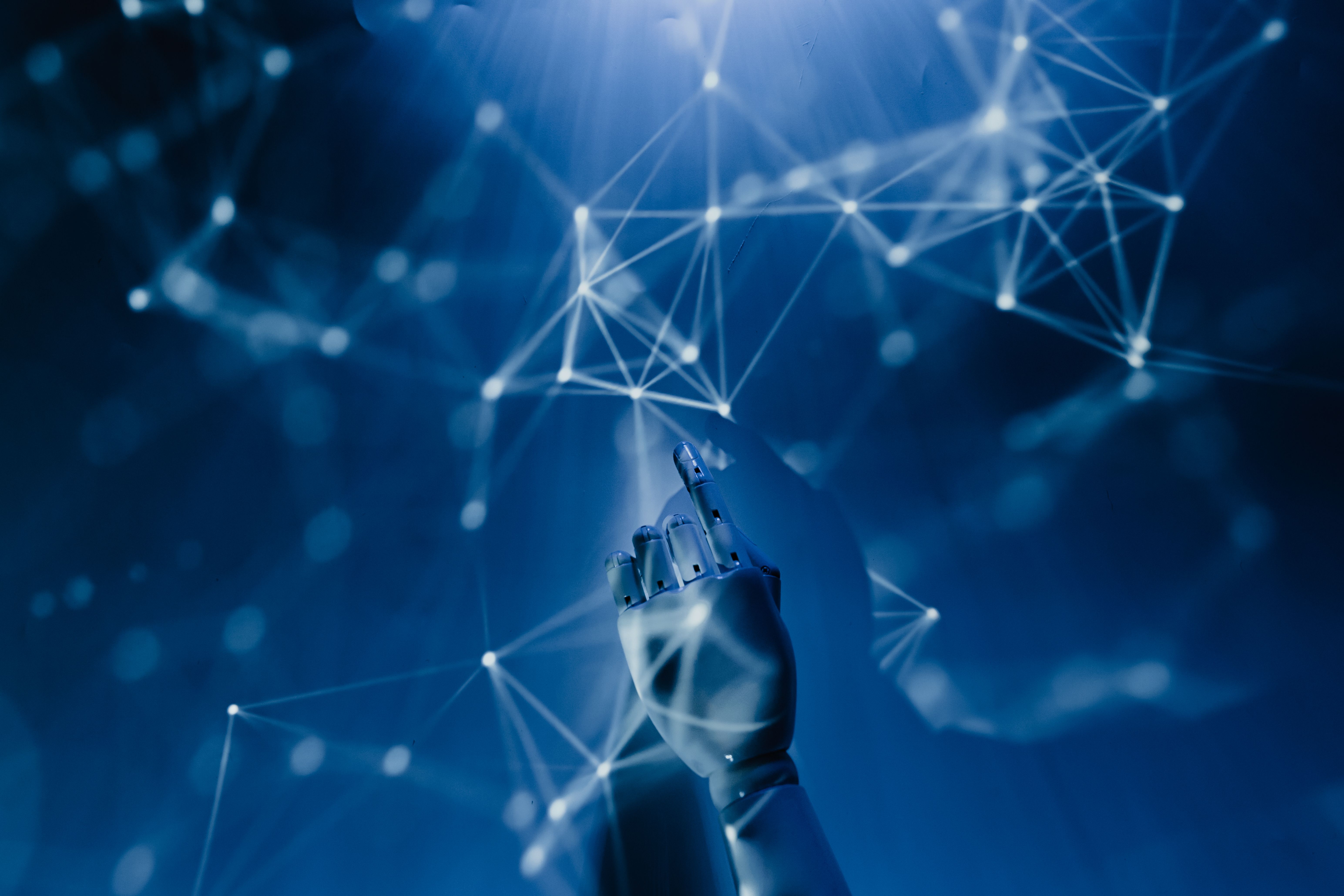 Robotic hand reaching into a digital network symbolizing AI image editing technology